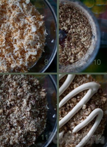 Поверх моркови выкладываем яйца, рубленые орехи и промазываем майонезом.