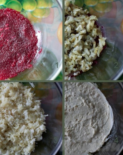 В глубокий салатник укладываем продукты слоями - свекла, огурцы, половина картофеля, майонез.