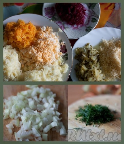 Варим картофель, свеклу, морковь, яйца. Натираем на мелкой терке картофель, морковь, сыр, яйца, свеклу. На крупной терке натираем огурцы. Лук и зелень мелко режем.
