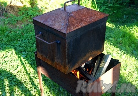 Поставить коптильню на угли. Для удобства приготовления можно поставить коптильню с рыбой на мангал с хорошими, подготовленными заранее углями и добавить ещё немного дров. Коптить рыбу примерно 20- 30 минут в зависимости от размера рыбы.
