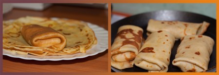 Печем тонкие блинчики. Остужаем их и заворачиваем  начинку. Можно свернуть трубочкой и разрезать на порции, а можно складывать конвертиком. Апельсиновые блины с творожной начинкой выкладываем на разогретую сковородку с небольшим количеством масла и слегка обжариваем с каждой стороны на маленьком огне.