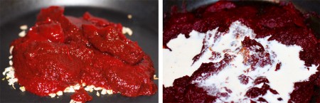 Добавить томатную пасту (можно заменить кетчупом) и сахар, перемешать, довести до кипения. Затем убавить огонь и оставить томиться еще 10 минут. Добавить соль, перец по вкусу, сливки, перемешать и оставить еще на 3 минуты.
