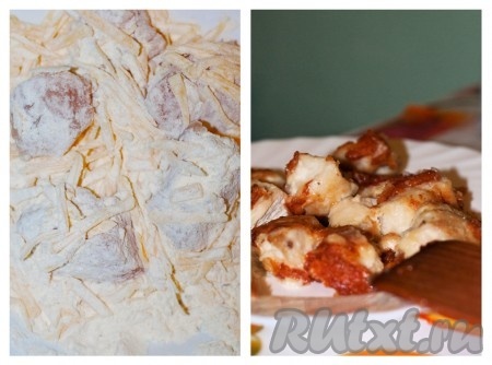 Для панировки порезанных на части куриных грудок нам потребуется смешать муку, тертый сыр пармезан (в этот раз я использовала другой сыр), соль и любую приправу для курицы. Обвалять грудки с обеих сторон в панировке. Обжарить грудки на сковороде, периодически помешивая, до готовности, выложить на тарелку.
