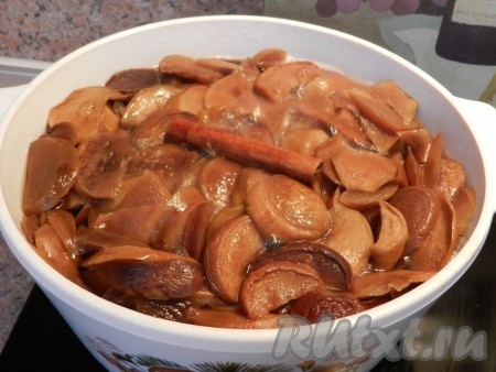 Когда вода закипит, всыпать сахар и варить 15 минут. За несколько минут до готовности добавить в компот палочку корицы.