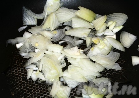 Репчатый лук очистить и нарезать на тонкие четверть кольца (или полукольца), влить 1 столовую ложку растительного масла и обжарить на среднем огне, помешивая, в течение 2 минут.
