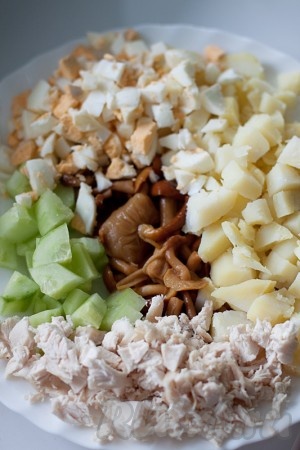 Отварите картофель, куриное мясо, яйца. Нарежьте кубиками огурец, картофель, куриное мясо, яйца. Маринованные грибы слегка промойте, обсушите и, если они большого размера, чуть-чуть измельчите.
