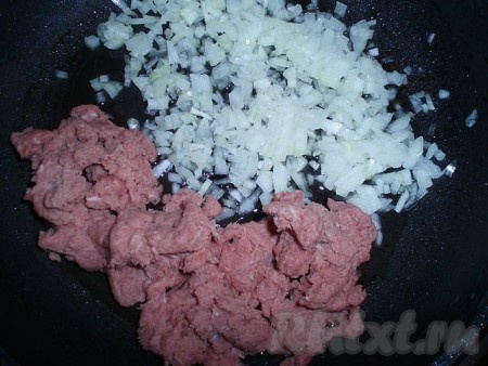 Обжариваем на растительном масле фарш и порезанный мелко лук.
