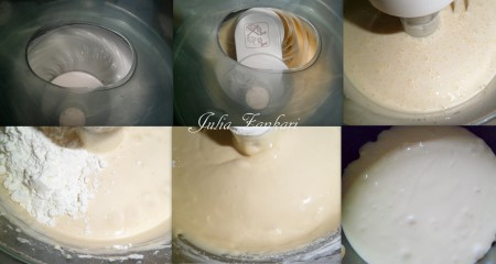 Готовим бисквит. Белки отделяем от желтков. Белки взбиваем в кухонном комбайне с 2 столовыми ложками воды в пышную пену, затем вводим желтки, продолжая взбивать, сахар, ванилин. Затем добавляем крахмал и муку, перемешанную с разрыхлителем. Полученную массу вливаем в разъемную форму, дно которой застелено пекарской бумагой. Выпекаем в разогретой до 180 градусов духовке 20 минут до зарумянивания.