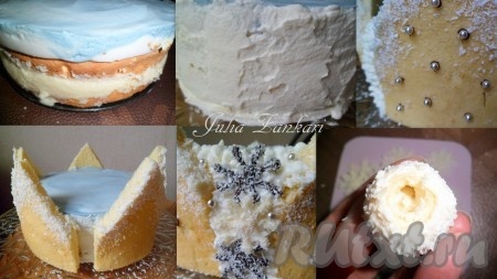 Освобождаем торт от формы, обмазываем бока оставшимися взбитыми сливками. Также сливками украшаем немного верх торта. На сливки лепим "домики", оставляя зазоры. Украшаем дальше снежинками, бусинами и "рафаэлками". У рафаэллок аккуратно ножом вырезаем отверстия, чтобы усадить на кончики короны.