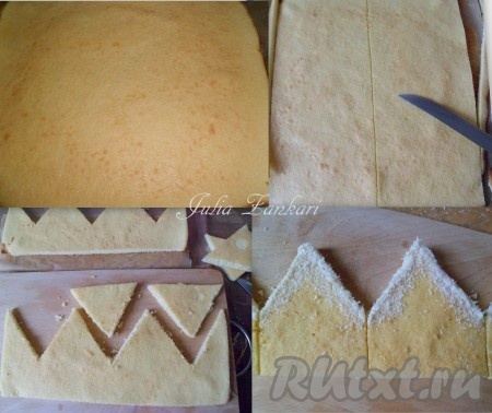 В это время сделаем тесто для наружного (бисквитного) оформления - все ингредиенты смешиваем и немного взбиваем венчиком. Затем выливаем на лист, застеленный пекарской бумагой, и выпекаем 10 минут до легкого зарумянивания. Разрезаем бисквит пополам, ровняем края ножом. Затем вырезаем "домики" для короны, обрисовав края шоколадом или сливками, присыпав кокосовой стружкой.