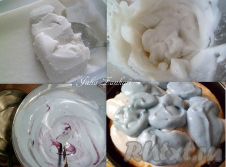 Достаем застывшее кокосовое желе и взбиваем в блендере в пышную массу. Затем можно разделить на 2 части. В одну из них добавляем черничный джем. Кокосовый мусс поочередно ложкой укладываем на бисквит и ровняем. Отправляем торт в холодильник на час.