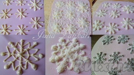 Готовим украшение для торта в виде снежинок. Нагреваем шоколад в микроволновой печи небольшими импульсами, постоянно помешивая: 20-30 секунд при высокой мощности, перемешиваем, затем опять и опять в микроволновку на 10-15 секунд, и каждый раз перемешивая (время может меняться в зависимости от количества). Шоколад аккуратно помещаем в полиэтиленовый мешочек, у которого заранее обрезаем уголок. Рисуем снежинки, затем присыпаем кокосовой стружкой. Перед тем как отправить в холодильник, немного стряхнуть лишнюю стружку.