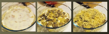 Начинаем укладывать наш пирог в форму для выпекания. Собирается он слоями - блинчик, промазанный майонезом, грибной фарш, тертый на крупной терке сыр, снова блинчик и т.д...
