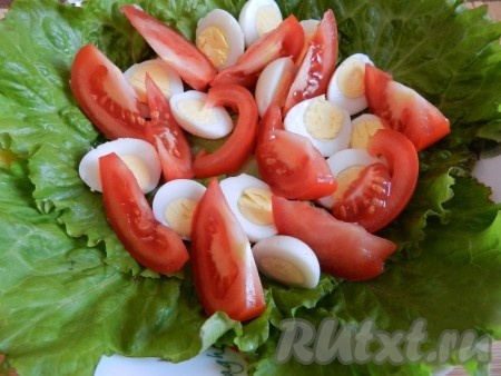 В салатницу выложить вымытые и обсушенные салатные листья, яйца и нарезанные дольками помидоры.