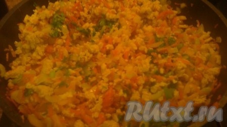 На раскаленную сковороду высыпаем фарш, затем лук, морковь, перец, чеснок. Соль, приправы и специи добавляем на свое усмотрение. В конце высыпаем зелень и ложку сыра.