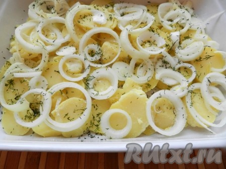 Форму для выпечки смазать растительном маслом. Выложить картофель, нарезанный кружочками. Лук нарезать кольцами и разложить поверх картофеля. Посыпать солью, перцем, мелко нарезанным укропом.