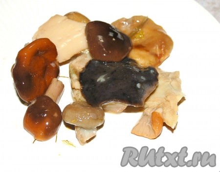 Затем отправить в кастрюлю обжаренные сушеные грибы с луком и томатной пастой. Вместе с ними опустить в кастрюлю соленые грибы.
