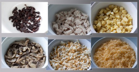 Салат укладывается слоями, каждый промазывается майонезом. Чередование слоев такое - нарезанный чернослив (предварительно обдать кипятком), курочка нарезанная на мелкие кусочки (отварная), картофель нарезанный кубиками (сваренный), грибы обжаренные, яйца натертые на крупной терке (сваренные), сыр натертый на мелкой терке.