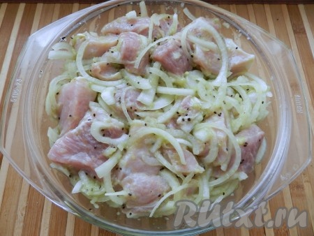 Смешать пюре из киви со свининой и луком. Оставить мясо в этом маринаде на 1 час.
