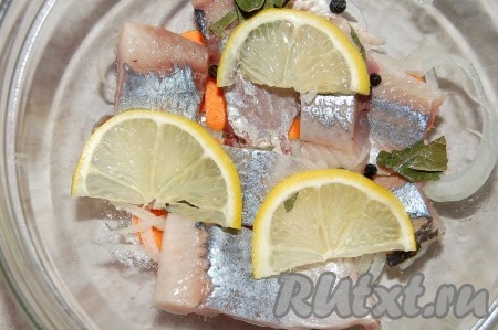 Нарезать лимон тонкими ломтиками и выложить несколько ломтиков поверх кусочков селёдки.
