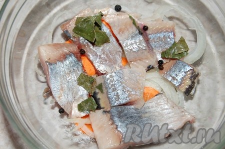 Поверх овощей в банку выложить несколько кусочков селёдки, несколько горошинок чёрного и душистого перцев, разломанный лавровый лист, чтобы он равномернее распределился по всей ёмкости.
