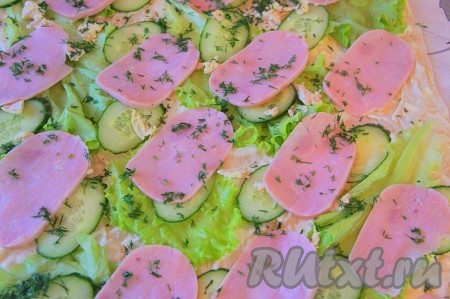 Ветчину и пастрому нарезать, укроп вымыть, обсушить, мелко нарезать. Выложить ветчину и пастрому по всему лавашу и посыпать мелко нарезанной зеленью укропа.
