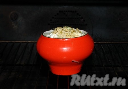 Горшочек с рыбой поставить в заранее нагретую до 180 градусов духовку.
