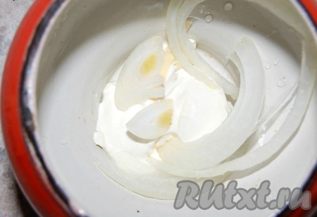 На дно горшочка выложить&nbsp; часть приготовленных&nbsp; лука и сливок, влить воду.
