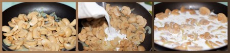 Приготовим начинку: лук нарежьте полукольцами, грибы на тонкие кусочки. Лук положите обжариваться первым, немного подождав добавьте в сковороду грибы. Обжаривайте до испарения образовавшейся жидкости и добавьте сливки. Посолите, поперчите и оставьте на плите еще на 5 минут.