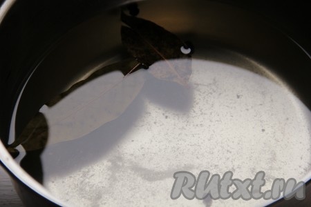 В кастрюлю влить 1 литр воды, добавить сахар, соль, душистый перец, гвоздику и лавровые листья, перемешать, поставить на огонь и довести до кипения, проварить минуты 2-3 (за это время сахар и соль полностью растворятся), затем снять получившийся рассол с огня и полностью остудить.