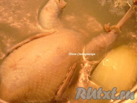 Когда вода закипит, снимаем пену, кладём 1 очищенную луковицу. Варим тушку перепелки с луком. Обычно она готовится за 20 минут, но я варила дольше.
