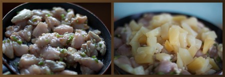 Выложите мясо в сковороду вместе с маринадом, перемешайте. Затем добавьте ананас, еще раз перемешайте и готовьте под крышкой на среднем огне до готовности курицы. Не передерживайте мясо, чтобы оно не стало сухим.