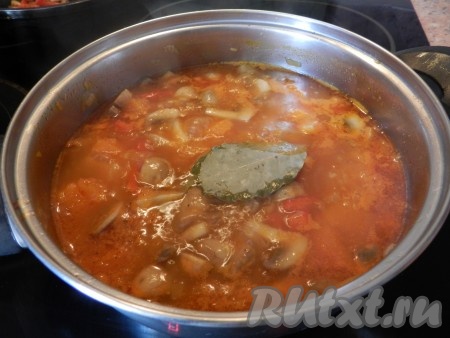 Посолить суп, добавить специи, лавровый лист, дать закипеть, а затем варить на небольшом огне минут 10 (кусочки тыквы должны стать мягкими). Затем убрать лавровый лист, влить сливки, довести до кипения (но не кипятить) и снять с огня. Перелить суп из тыквы, грибов и сливок в блендер (часть бульона оставьте в кастрюле, он нужен будет для того, чтобы регулировать густоту супа-пюре).
