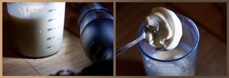 Выжать из апельсина сок и смешать со сгущенным молоком при помощи блендера. Добавить туда же мороженое и взбить до консистенции сметаны.