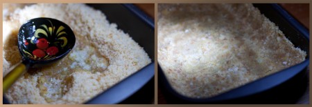 Растопить сливочное масло и добавить к крошке. Тщательно перемешать и выложить массу в форму. Утрамбовать по дну и сформировать бортики.