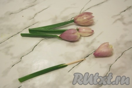 Каждый цветочек посадите на зубочистку, а зубочистку спрячьте под зеленый лук.