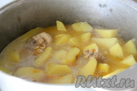 Мясо переложить в казан с зажаркой, картофель нарезать как на жаркое и добавить к мясу, залить все водой и дать закипеть. По вкусу добавить соль и любимые специи, оставить вариться на 15 минут.
