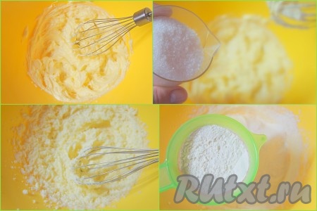 В другой миске сливочное масло, согревшееся до комнатной температуры, взбить с добавлением щепотки соли миксером (или венчиком), затем небольшими порциями всыпать сахар, продолжая взбивать масло до однородности. После этого добавить сметану, смешанную с разрыхлителем, перемешать до однородности. В получившуюся смесь частями добавить просеянную муку, перемешивая вначале тесто ложкой, а затем выполняя замес руками. Добавляя муку, учитывайте, что тесто должно собраться в ком, быть мягким, не липнущим к рукам.