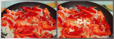 Порежьте полосками сладкий перец и положите его к луку. Затем добавьте рубленый чеснок.
