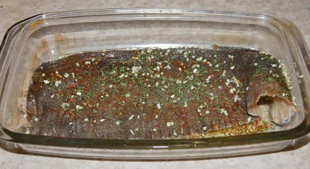 Остальную рыбину разделала на филе. У меня получилось 4 филе достаточно большого размера. Я использовала только одно филе. В форму налила растительное масло, уложила филе камбалы, сверху посолила, посыпала специями и перцем.
