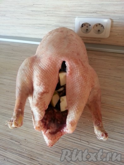 Внутрь гуся вложить плотно начинку и зашить. Можно начинку не солить.