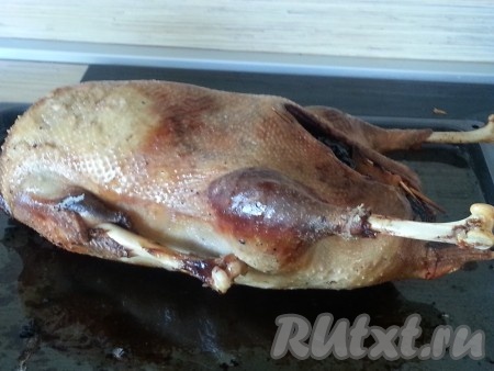 Выпекать фаршированного гуся в духовке строго по схеме: 240 градусов - 30 минут; 200 градусов - 30 минут; 180 градусов - 30 минут; 150 градусов - 30 минут;&nbsp; 90 градусов - 50 минут. Вынуть нашего гуся сначала из духовки, затем из рукава.