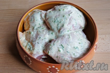 По прошествии 30 минут куриные окорочка перекладываем в форму для запекания, поливаем сверху кефирным соусом, в котором мариновалось мясо, накрываем крышкой (или фольгой) и отправляем запекаться в разогретую до 180 градусов духовку на 50 минут, затем снимаем крышку (или фольгу) и запекаем 10 минут (до готовности и подрумянивания мяса). Для того чтобы проверить готовность, нужно сделать на бедре курицы в районе кости надрез, если выделяется сок без примесей крови, значит мясо готово.