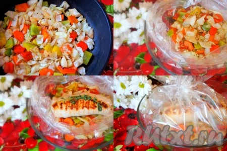 Духовку разогреть до 180-200 градусов. Приготовить форму для запекания, на дно которой положить пакет для запекания. Выложить пассированные овощи, затем наши рулетики из куриной грудки, веточки тимьяна, завязать пакет.