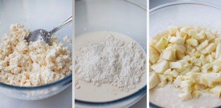 Растереть сахар, яйцо и творог. Добавить 3/4 стакана молока и постепенно ввести муку с разрыхлителем и солью. Тщательно смешать, лучше миксером. Яблоко режем мелкими-мелкими кубиками и добавляем в тесто, осторожно размешиваем. Тесто должно быть густоты очень жирной сметаны. То есть чуть гуще, чем для оладий. Однако если творог был сухой, то консистенция будет уже совсем густой, тогда нужно добавить оставшееся молоко.
