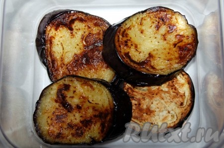 Теперь взять контейнер или миску и складывать в один слой баклажаны