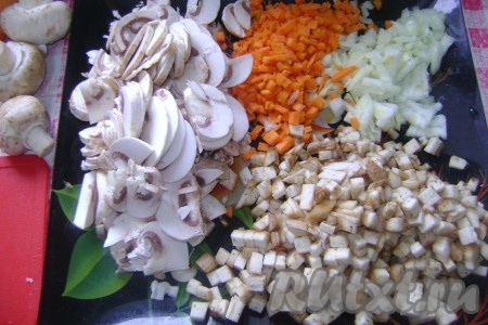 Овощи нарезала мелким кубиком. Шампиньоны тоже измельчила.