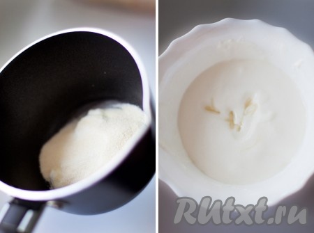 Мороженое положите в миску и дайте ему растаять. Отделите 2 столовые ложки мороженого, уложите в сотейник. Всыпьте в сотейник желатин и оставьте набухать на 20-30 минут. Затем прогрейте на слабом огне до полного растворения желатина и добавьте в растаявшее мороженое. Размешайте и процедите через сито, чтобы избавиться от нежелательных комочков желатина.
