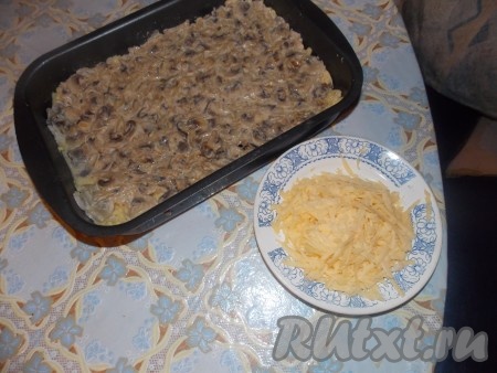 Следующим слоем разместить обжаренные грибы.
