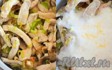Добавить эту смесь к мясу, перемешать, влить молоко, если хотите более жидкую подливу (от 100 до 200 грамм в среднем), соль, специи, если это необходимо. Убавить огонь и готовить подливу из куриных грудок ещё 5-7 минут.
